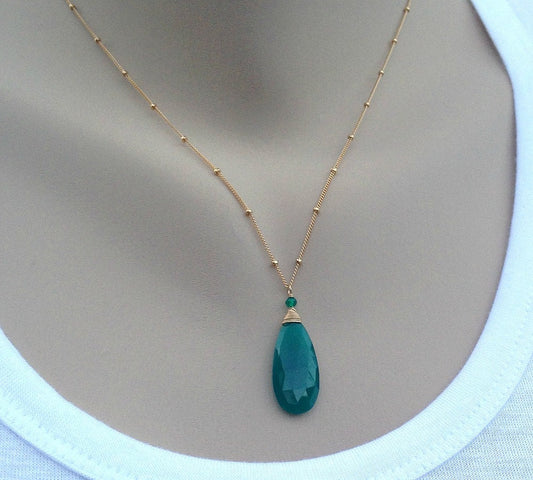 Green Onyx Necklace Teardrop Pendant Birthstone Jewelry Layering Necklace Green Pendant Women Necklace Gift for Her Gift for Girlfriend