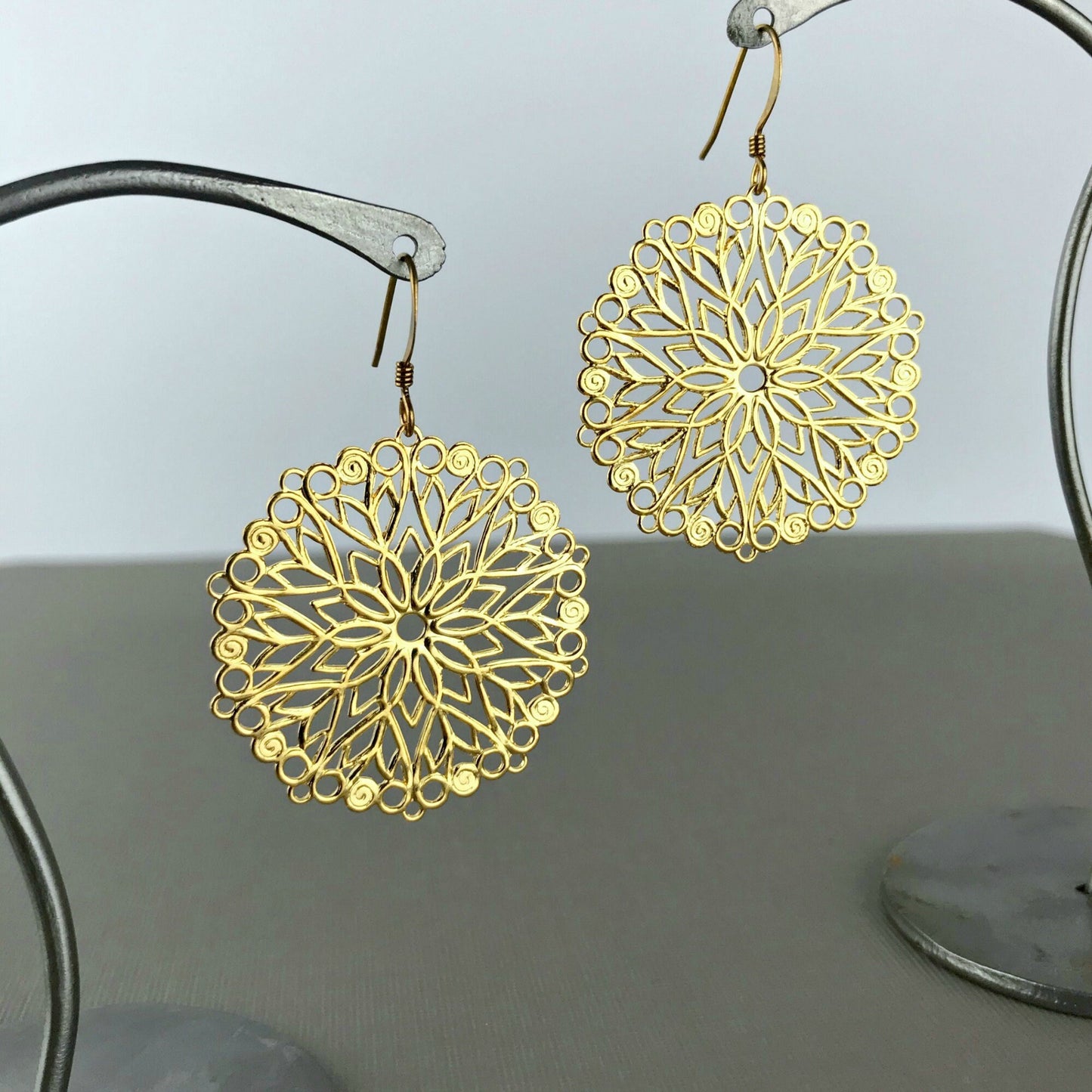 Filigree Earrings Flower Earrings Lace Earrings Boho Earrings Hippie Earrings Dangle Earrings Gift for Her Golden Lace Round Earrings