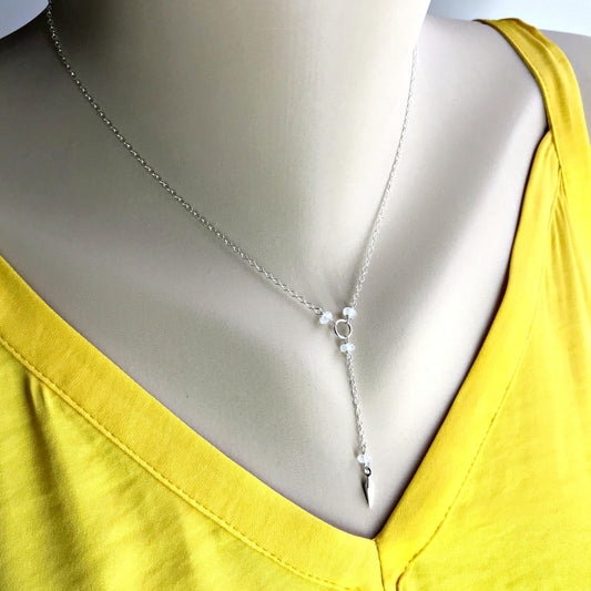Silver Y Necklace Dainty Necklace Bohemian Jewelry Layering Necklace Short Lariat Delicate Necklace June Birthstone Bridesmaid Gift