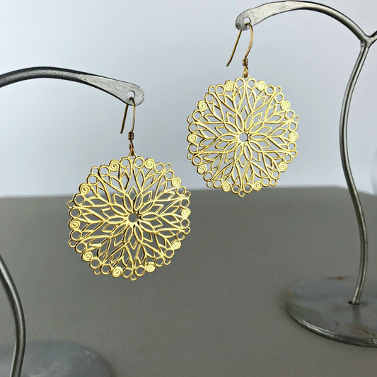 Filigree Earrings Flower Earrings Lace Earrings Boho Earrings Hippie Earrings Dangle Earrings Gift for Her Golden Lace Round Earrings