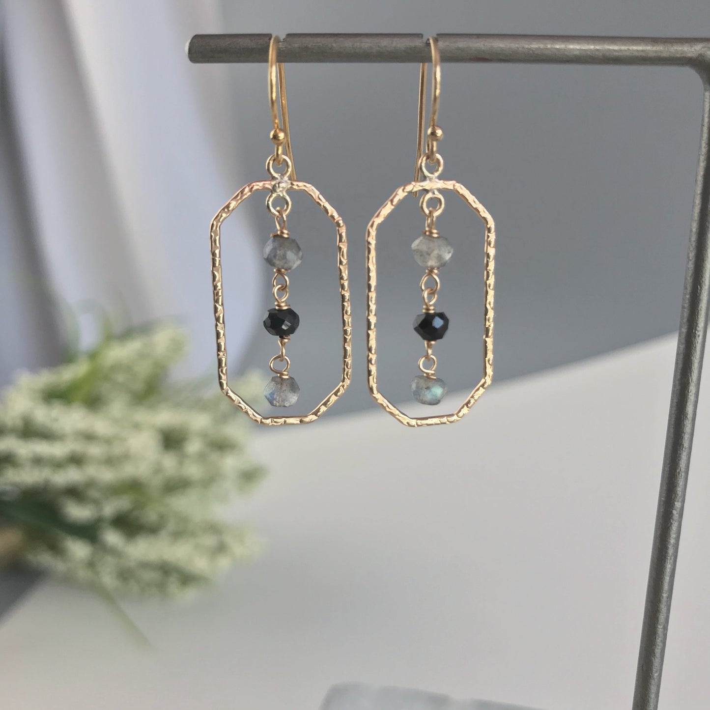 Black Earrings Labradorite Earrings Geometric Earrings Dainty Earrings Gemstone Earrings Gold Earrings Gift for Her Dangle Earrings