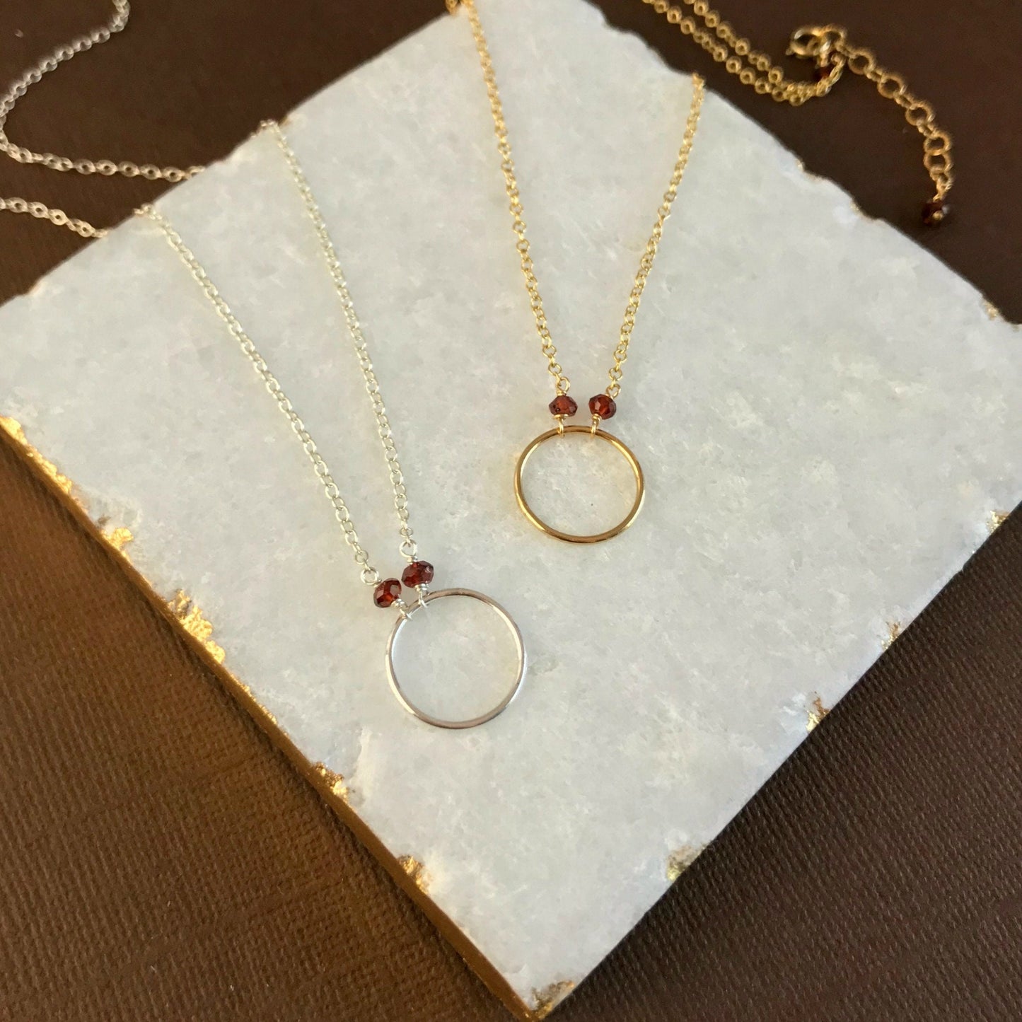 Garnet Circle Necklace,Infinity Necklace,January Birthstone,Layering Gold or Silver Necklace,Dainty Red Garnet Jewelry,Friendship Necklace