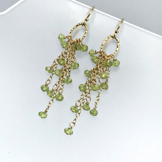 Handmade Gemstone Dangle Earrings,August Birthstone Cluster Earrings,Long and Dainty,Gift for Her,Unique Boho Jewelry,Peridot Earrings