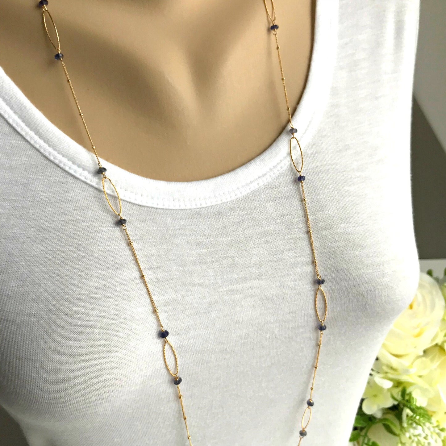 Iolite Necklace,Station Necklace,Long Necklace,Delicate Necklace,Simple Necklace,Layering Necklace,Satellite Chain Necklace,Blue Indigo