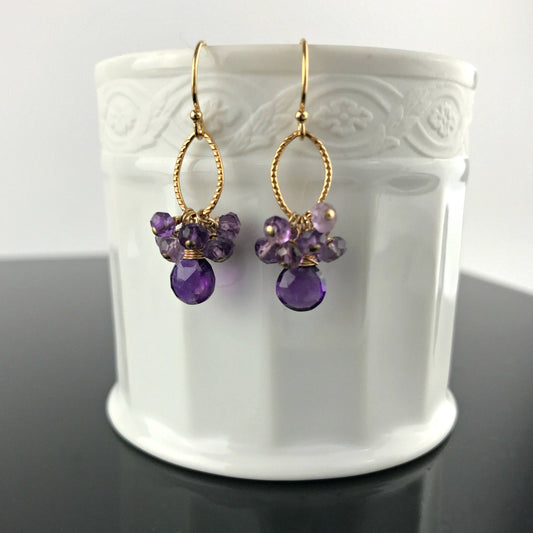 Amethyst Teardrop Cluster Earrings for Women,February Birthstone Jewelry,Chic Purple Delicate Earrings in Gold or Silver,Unique Gift for Her