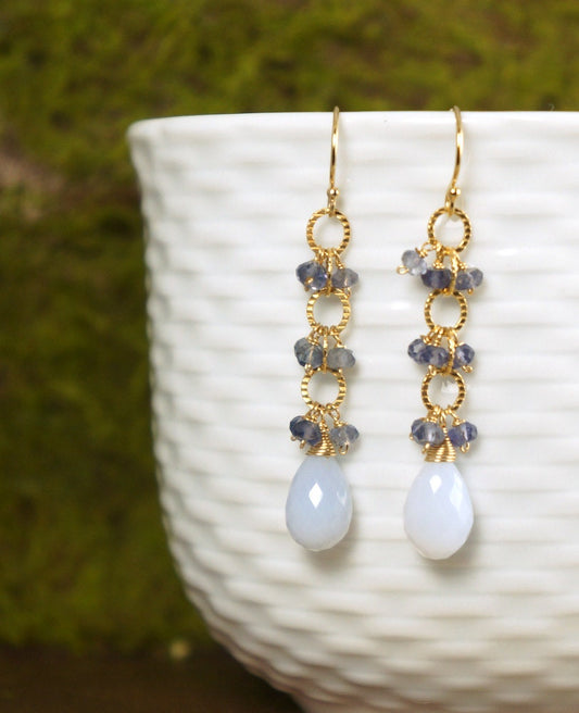 Chalcedony and Iolite Earrings,Cascade Earrings,Blue Earrings,Linear Earrings,Multi Gemstone Earrings,Cluster Earrings