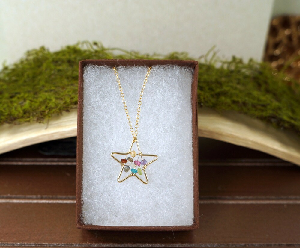 Dream Catcher Star Pendant Love Pendant Multi Colored Gemstone Pendant Hand Wrapped Simple Necklace Everyday Necklace Gold Heart