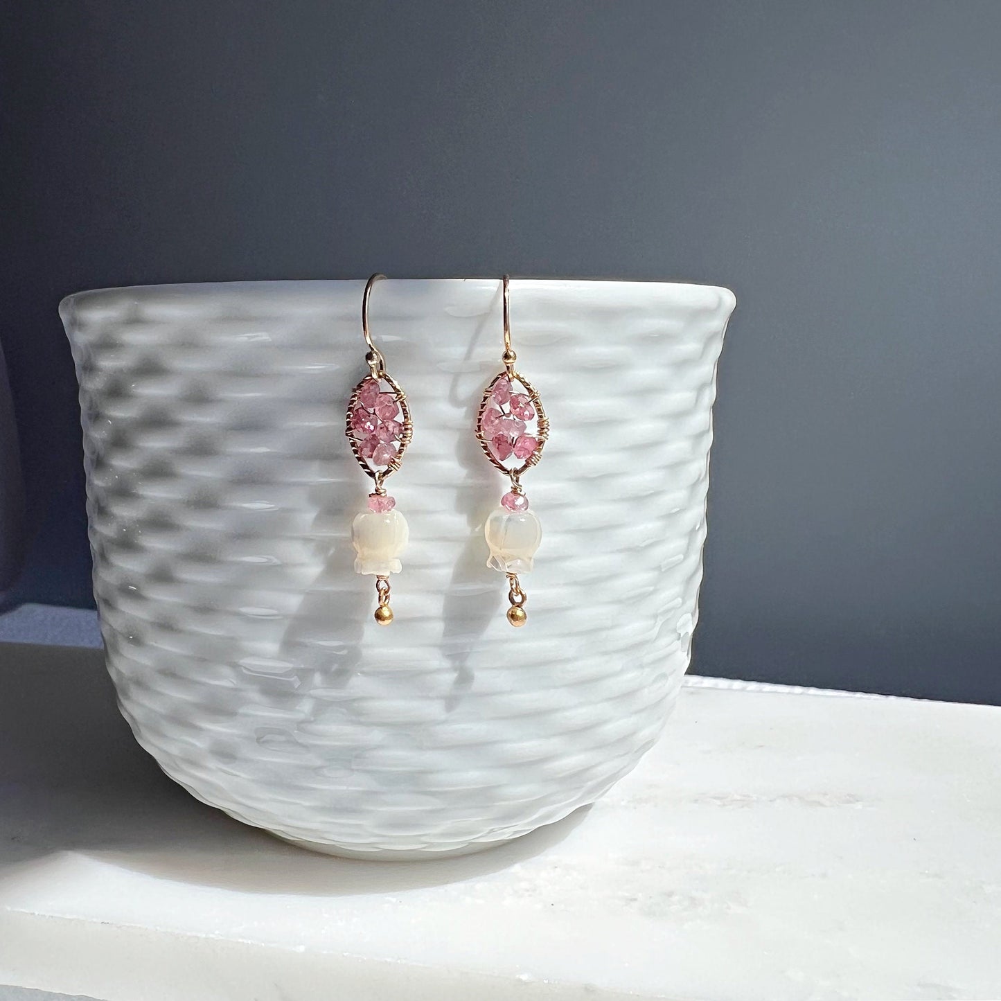 October Birthstone Earrings Pink Tourmaline Mother of Pearl Pink Earrings Gemstone Earrings Delicate Earrings Flower Earrings Gift for Her