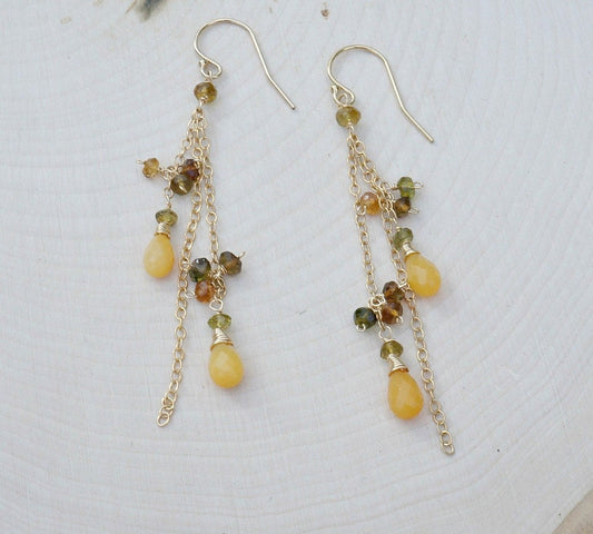 Fire Opal Green Tourmaline Earrings Dangle Earrings Drop Earrings Cluster Earrings Dainty Earrings October Birthstone