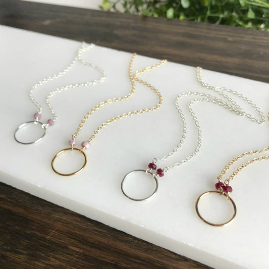 Gold Circle Pendant Ruby Pendant July Birthstone Necklace Dainty Necklace Open Circle Necklace Karma Necklace Eternity Necklace Gift for Mom