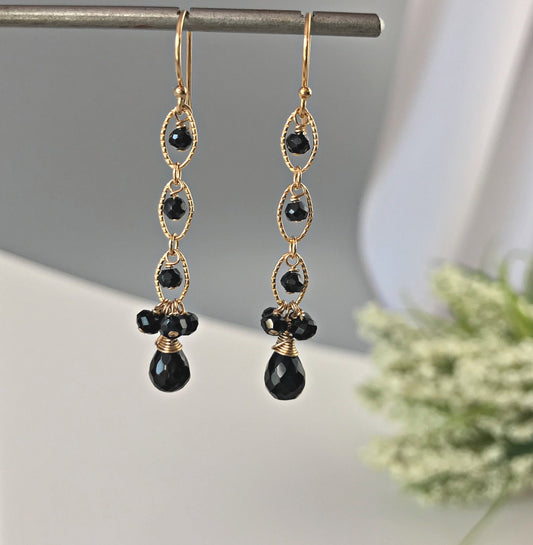 Linear Black Earrings,Dainty Handmade Earrings,Genuine Gemstone Earrings,Gold Link Chain Earrings, Women Earrings,Lightweight Gold Earrings