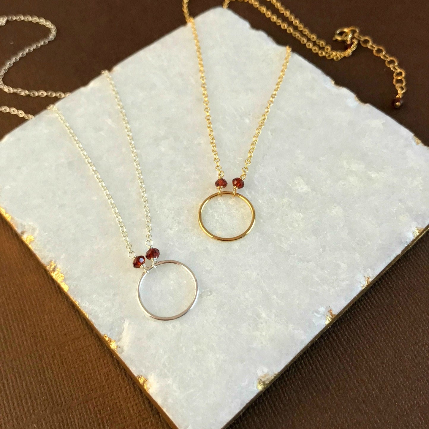 Garnet Circle Necklace,Infinity Necklace,January Birthstone,Layering Gold or Silver Necklace,Dainty Red Garnet Jewelry,Friendship Necklace