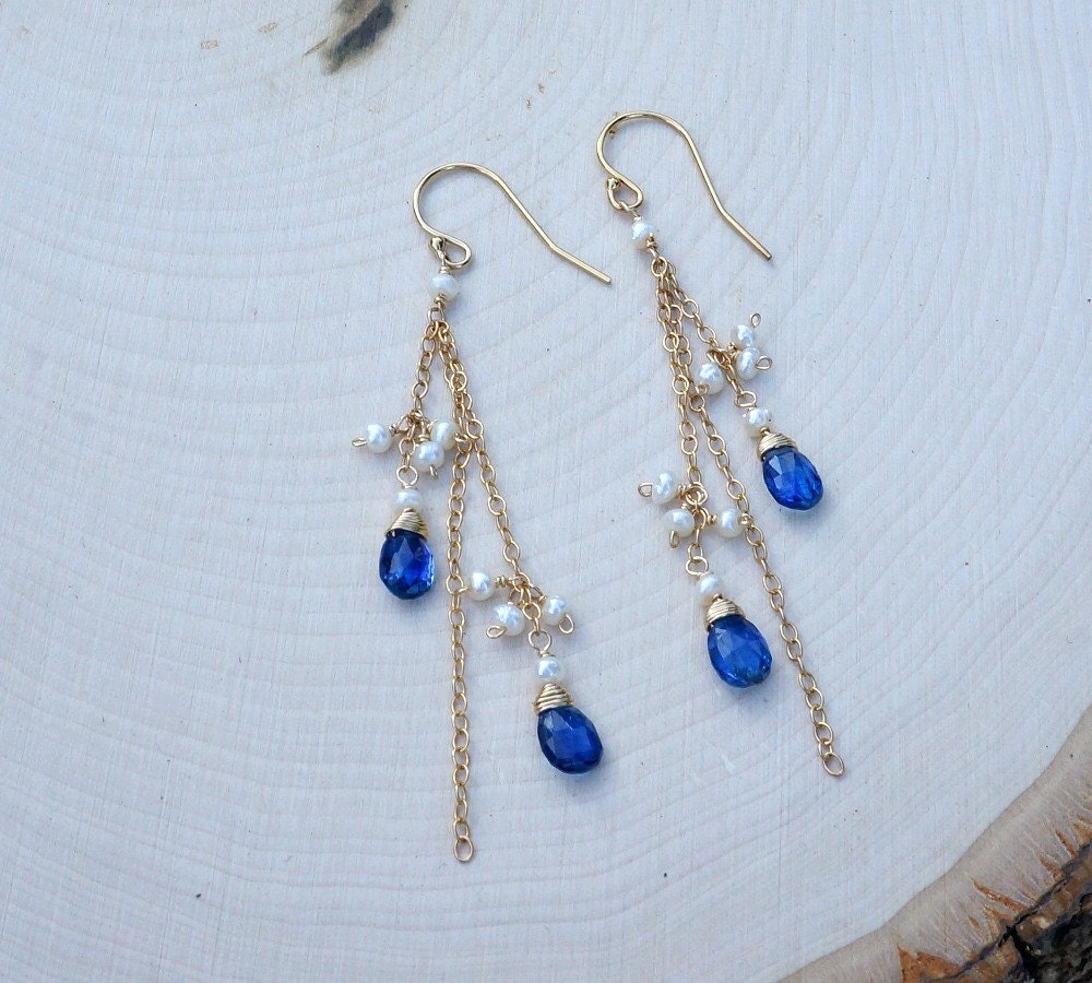 Tassel Earrings Kyanite Earrings Blue Earrings Long Earrings Gemstone Earrings Cluster Earrings Teardrop Earrings Pearl Earrings