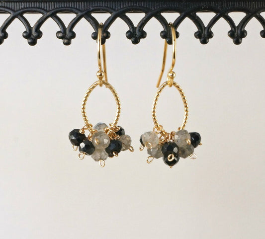 Dainty Black Spinnel and Labradorite Earrings, Cute Everyday Gemstones Earrings,Handmade Dangly Earrings, Elegant Black Earrings for Mom