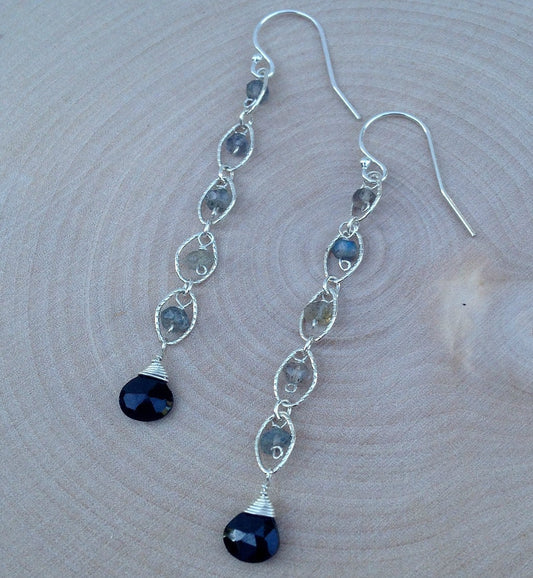 Labradorite Earrings,Black Spinel Earrings,Long Earrings,Dangle Earrings,Delicate Earringss,Black Earrings,Grey Earrings,