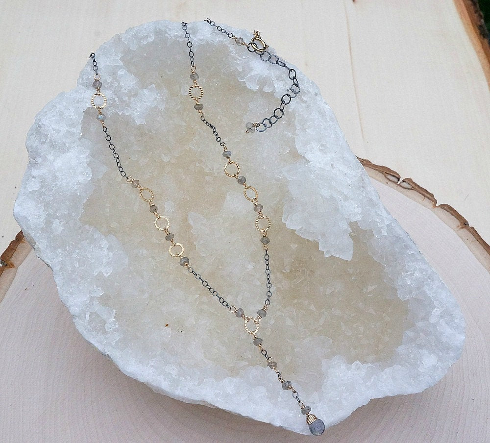 Labradorite Necklace Y Necklace Dainty Lariat Necklace Two Tone Delicate Necklace Mixed Metal Necklace Minimalist Necklace Gemstone Necklace