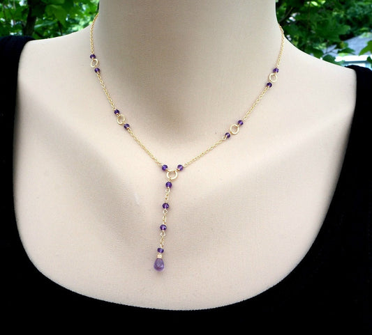 Natural Amethyst Necklace,February Birthstone,Dainty Purple Necklace,Lariat Necklace,Simple Layering Necklace,Amethyst Jewelry,Gift for Mom