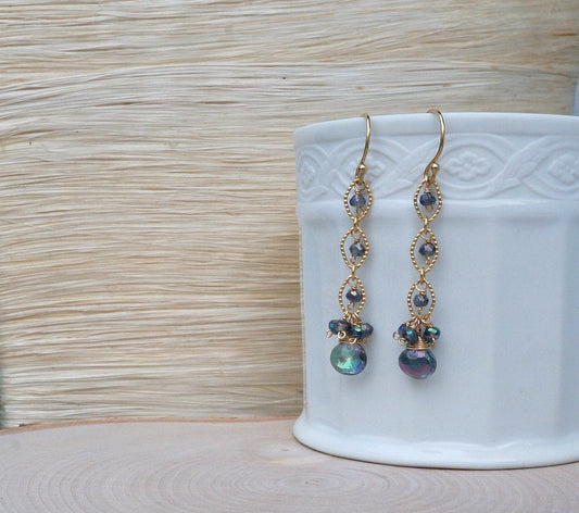 Mystic Topaz Earrings 14K Gold Filled Mystic Topaz Earrings Dainty Earrings Linear Earrings Gemstone Earrings Drop Earrings