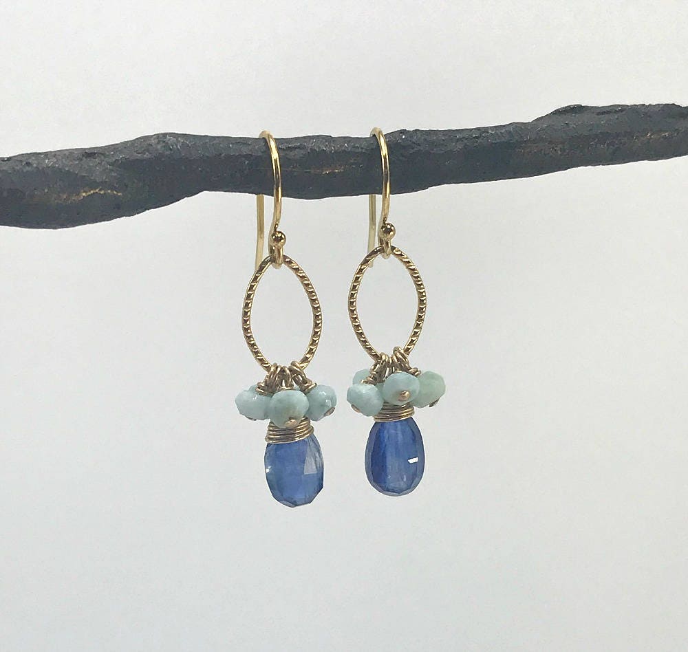 Kyanite Earrings Larimar Earrings Teardrop Earrings Dangle Earrings Delicate Earrings Dressy Earrings Blue Earrings Cluster Earrings