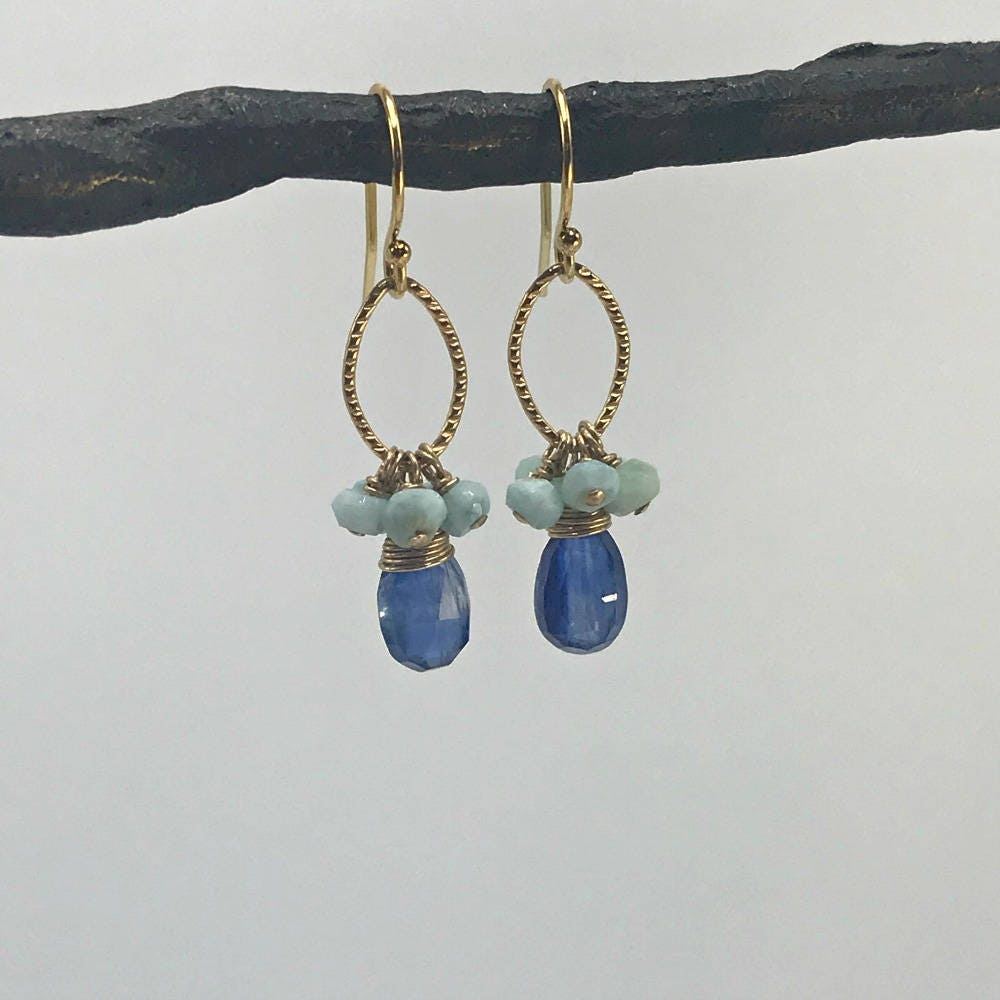 Kyanite Earrings Larimar Earrings Teardrop Earrings Dangle Earrings Delicate Earrings Dressy Earrings Blue Earrings Cluster Earrings