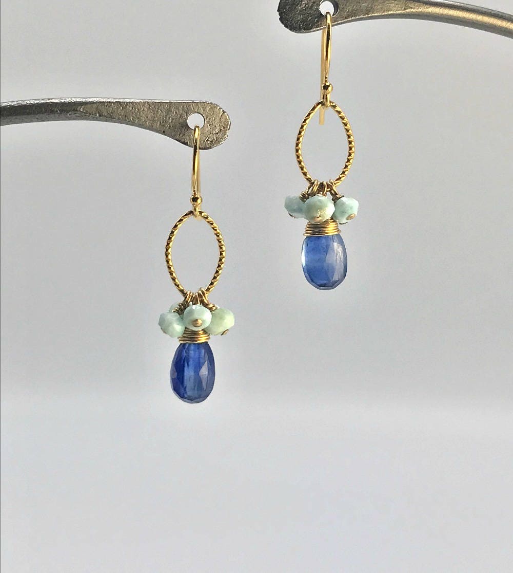 Kyanite Earrings Larimar Earrings Teardrop Earrings Dangle Earrings Delicate Earrings Dressy Earrings Blue Earrings Cluster Earrings