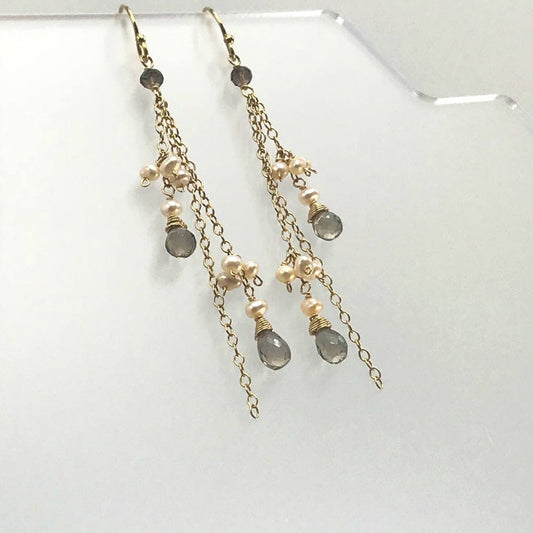 Smoky Quartz Earring Pink Pearls Earrings Long Earrings Cluster Earrings Dangle Earrings Drop Earring Dainty Earrings Lightweight Earrings