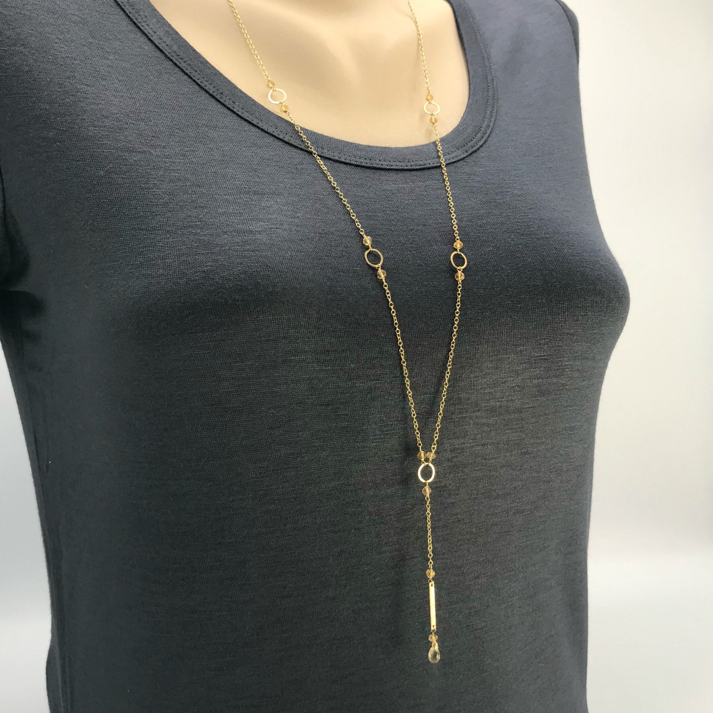 Citrine Y Necklace,November Birthstone,Delicate Gold Lariat,Long Layering Necklace,Dainty Handmade Necklace,Birthday Gift,Drop Necklace