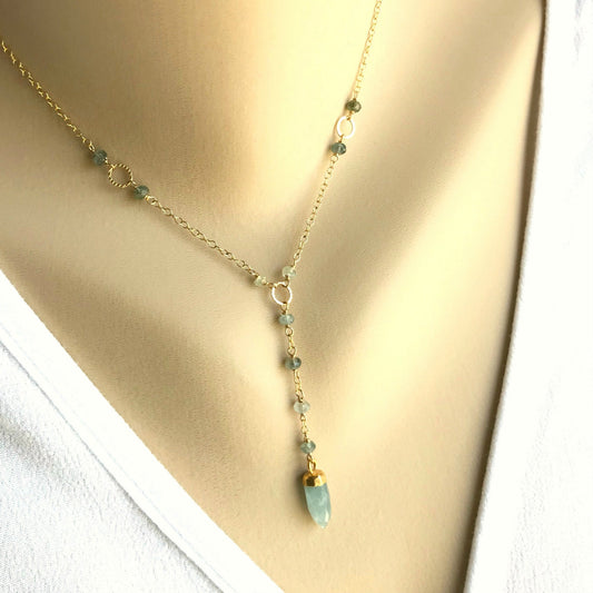 Lariat Necklace Delicate Necklace Dainty Necklace Blue Necklace Short Y Necklace Everyday Necklace Layering Necklace Gift for Daughter