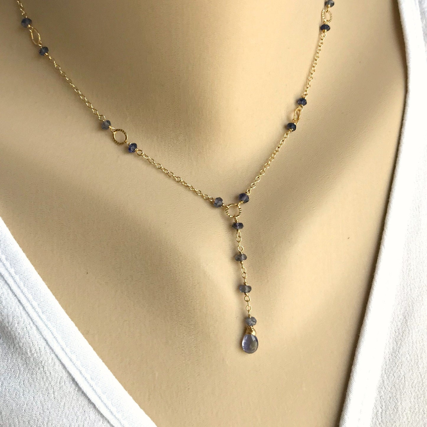 Iolite Necklace,Blue Layering Necklace,Gold Lariat Necklace,Dainty Drop Necklace,Gold Lariat Necklace,Blue Jewelry