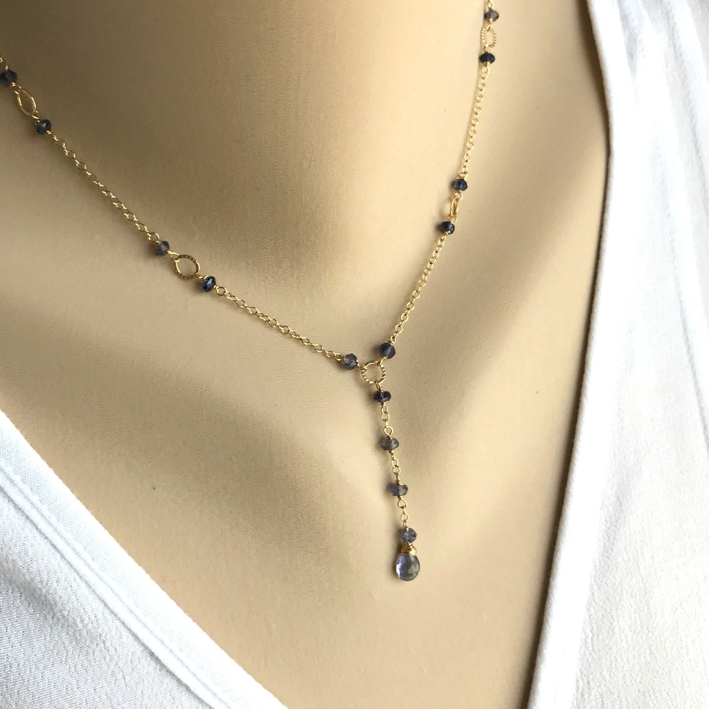 Iolite Necklace,Blue Layering Necklace,Gold Lariat Necklace,Dainty Drop Necklace,Gold Lariat Necklace,Blue Jewelry