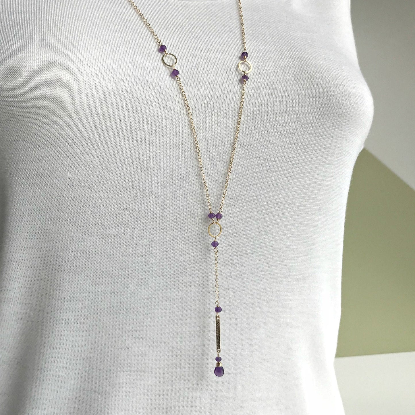 Purple Amethyst Necklace, Gold Y Bar Necklace, Dainty Layering Necklace,February Birthstone,Minimalist Necklace, Aquarius Silver Necklace