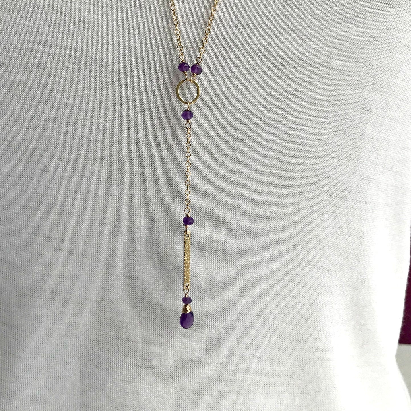 Purple Amethyst Necklace, Gold Y Bar Necklace, Dainty Layering Necklace,February Birthstone,Minimalist Necklace, Aquarius Silver Necklace