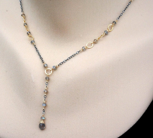 Labradorite Necklace Y Necklace Dainty Lariat Necklace Two Tone Delicate Necklace Mixed Metal Necklace Minimalist Necklace Gemstone Necklace