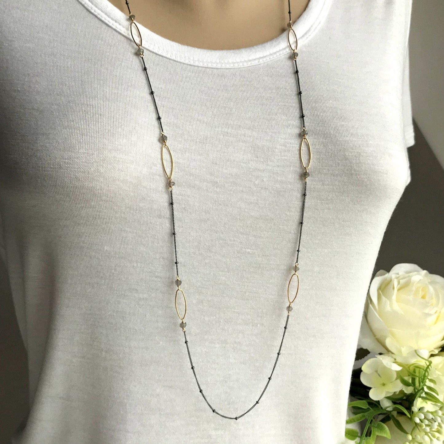 Labradorite Necklace Long Necklace Station Necklace Delicate Necklace Layering Necklace Simple Necklace Satellite Chain Valentine's Day