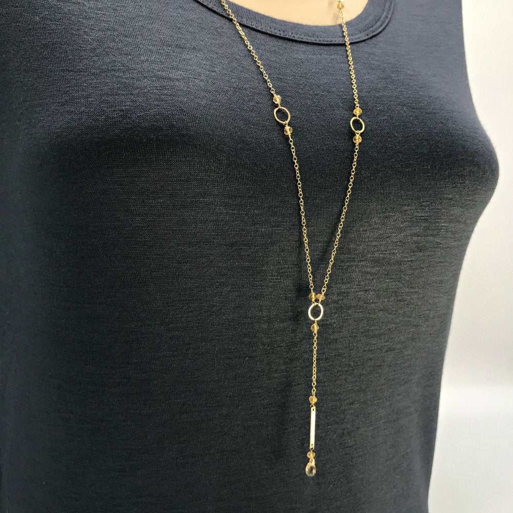 Citrine Y Necklace,November Birthstone,Delicate Gold Lariat,Long Layering Necklace,Dainty Handmade Necklace,Birthday Gift,Drop Necklace