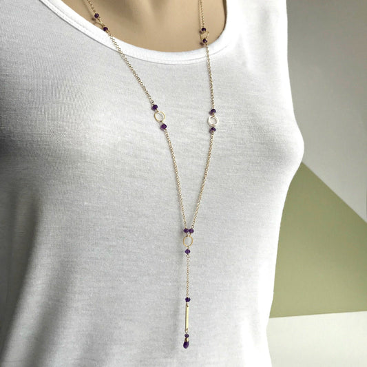 Purple Amethyst Necklace, Gold Y Bar Necklace, Dainty Layering Necklace,February Birthstone,Minimalist Necklace, Aquarius Silver Necklace