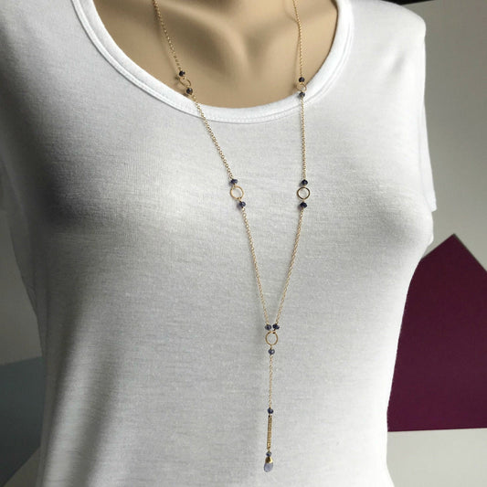 Iolite Y Necklace,Gemstone Layering Necklace,Everyday Dainty Necklace,Gold Simple Necklace,Blue Necklace,Valentine's Day Gift,Drop Necklace