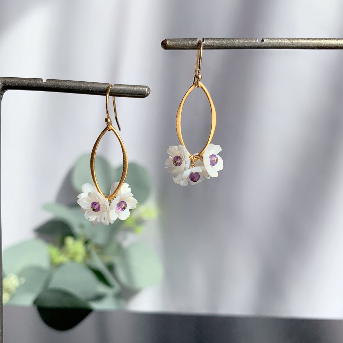 Flower Earrings Mother of Pearl Earrings White Earrings Amethyst Earrings Gold Earrings Dainty Earrings Earrings for Women Gift for Her