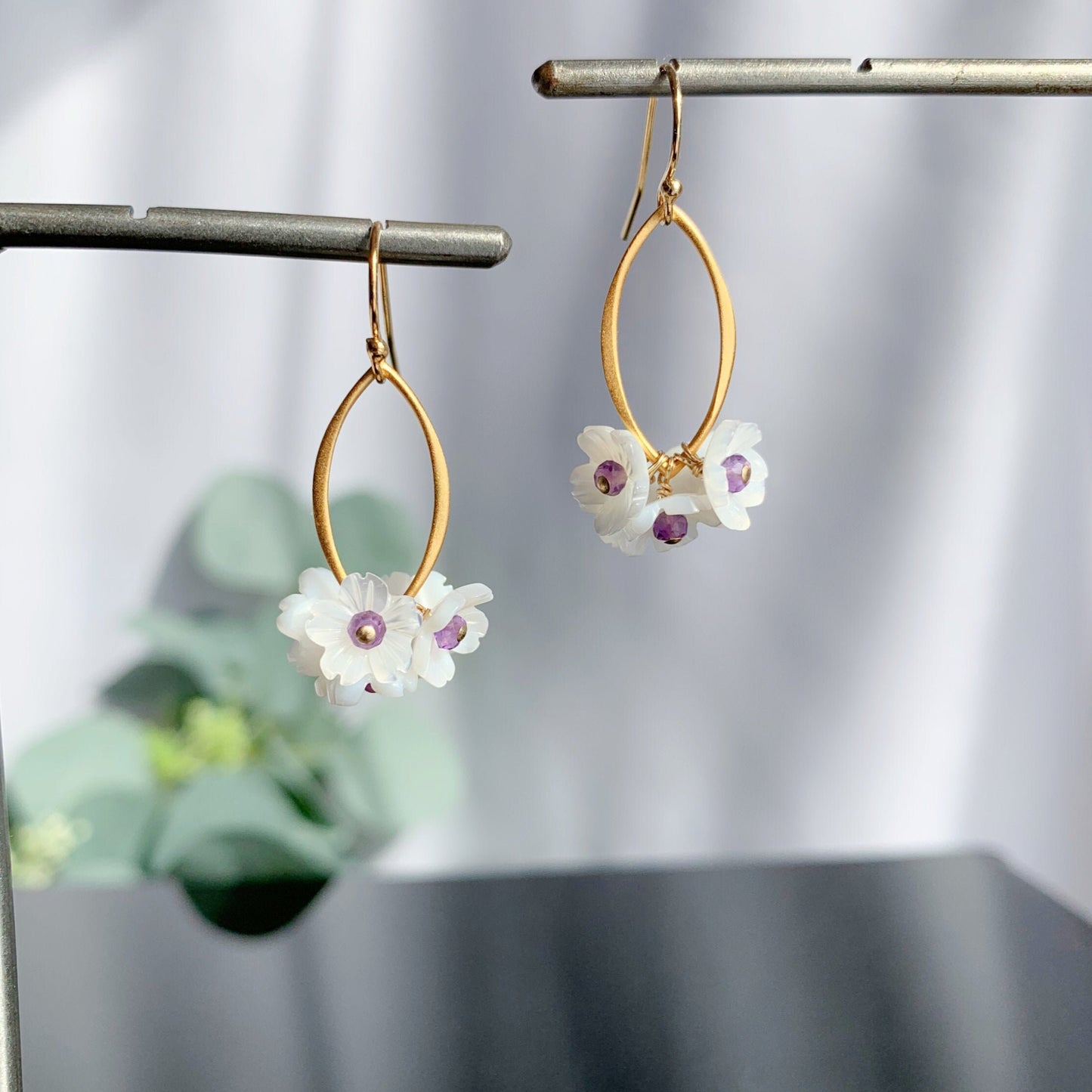 Flower Earrings Mother of Pearl Earrings White Earrings Amethyst Earrings Gold Earrings Dainty Earrings Earrings for Women Gift for Her