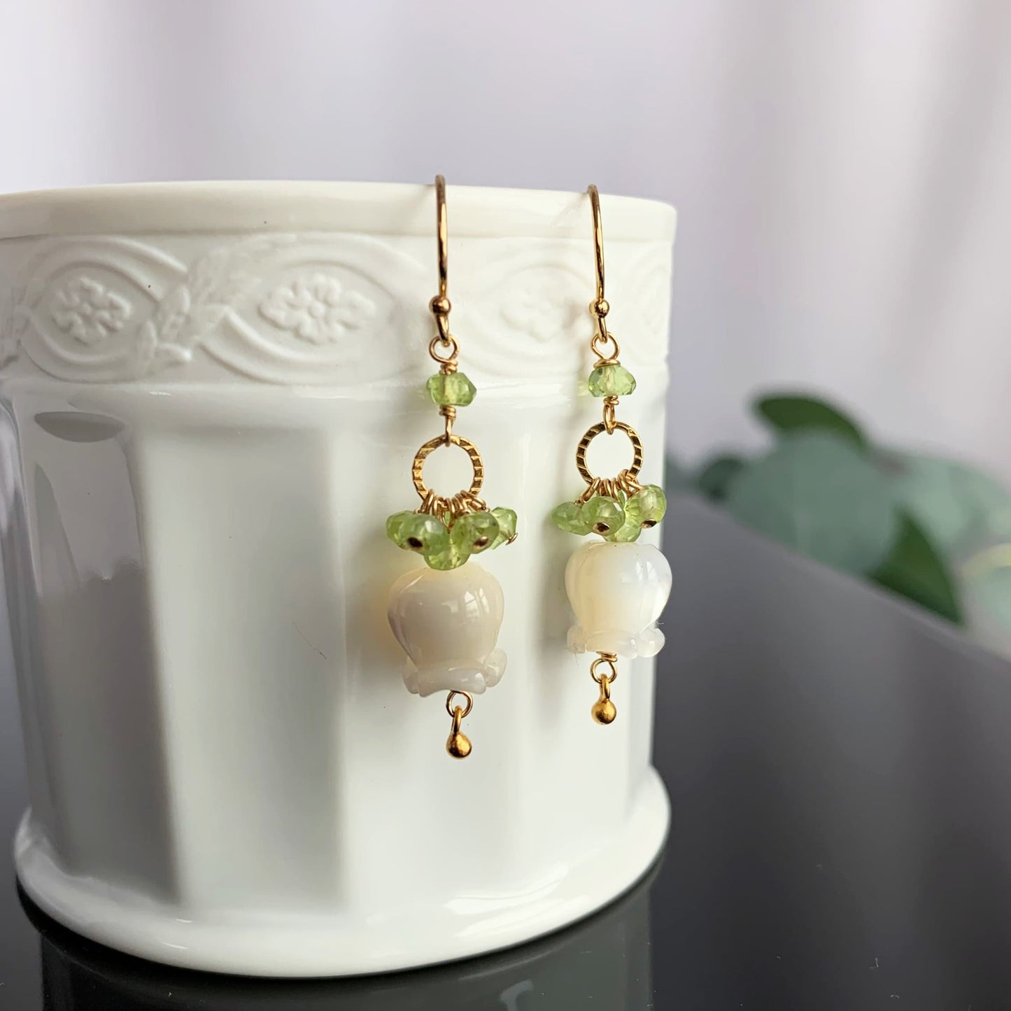 Flower Earrings Peridot Earrings Cluster Earrings White Earrings Dainty Earrings Gold Earrings  Gift for Her Gift for Mom Unique Gift