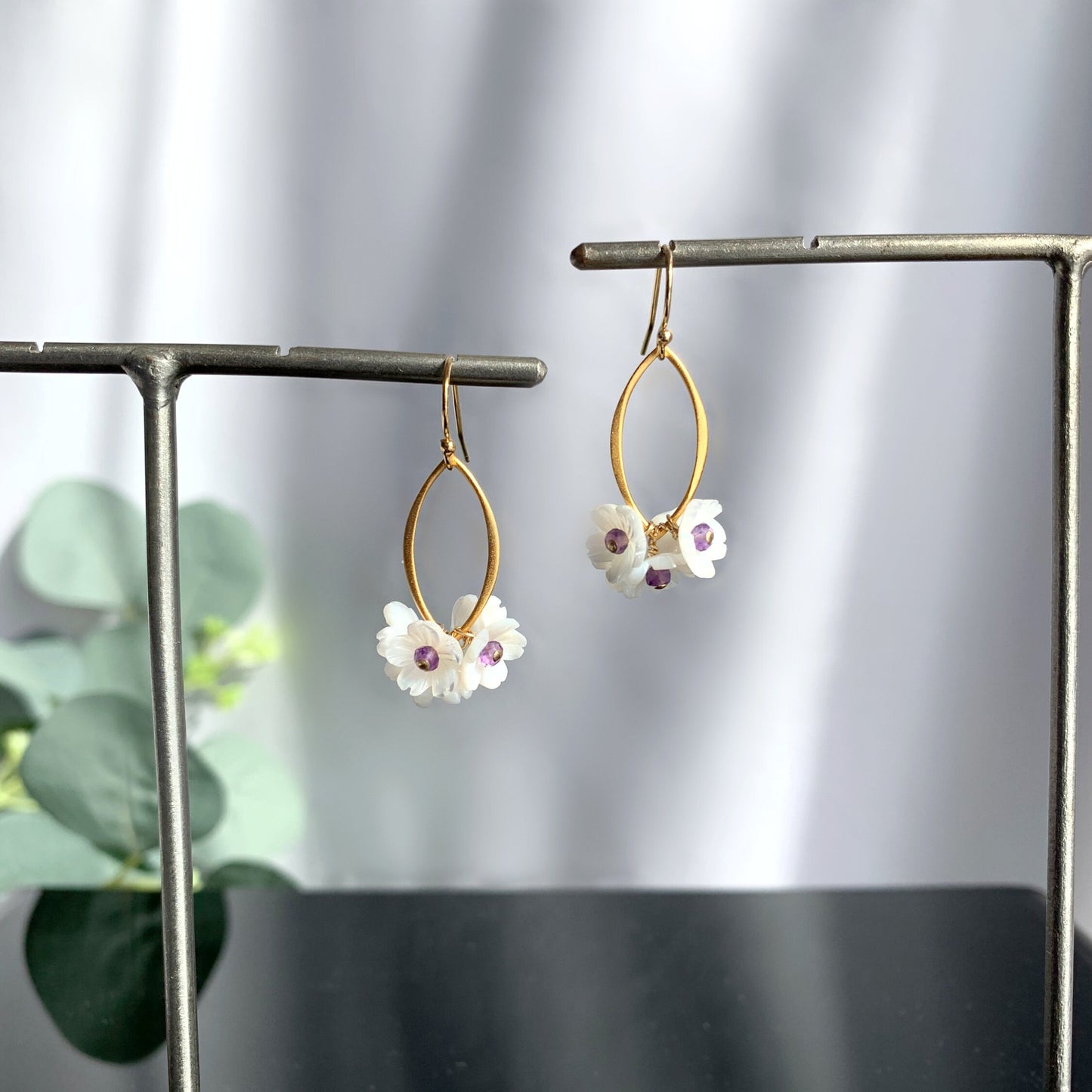 Flower Earrings Mother of Pearl Earrings White Earrings Amethyst Earrings Gold Earrings Dainty Earrings Earrings for Women Gift for Her