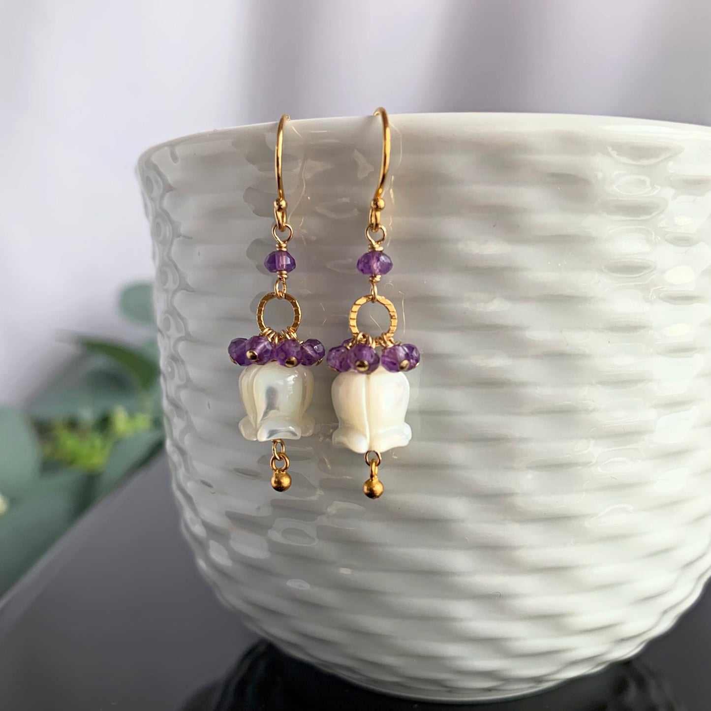 Amethyst Earrings,February Birthstone,Natural Amethyst Earrings,Gemstone Earrings,Flower Earrings,Mother of Pearl Earrings,Purple Earrings