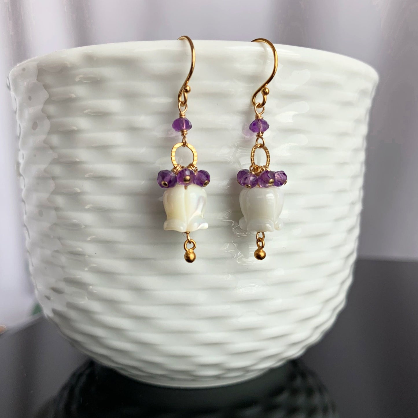 Amethyst Earrings,February Birthstone,Natural Amethyst Earrings,Gemstone Earrings,Flower Earrings,Mother of Pearl Earrings,Purple Earrings