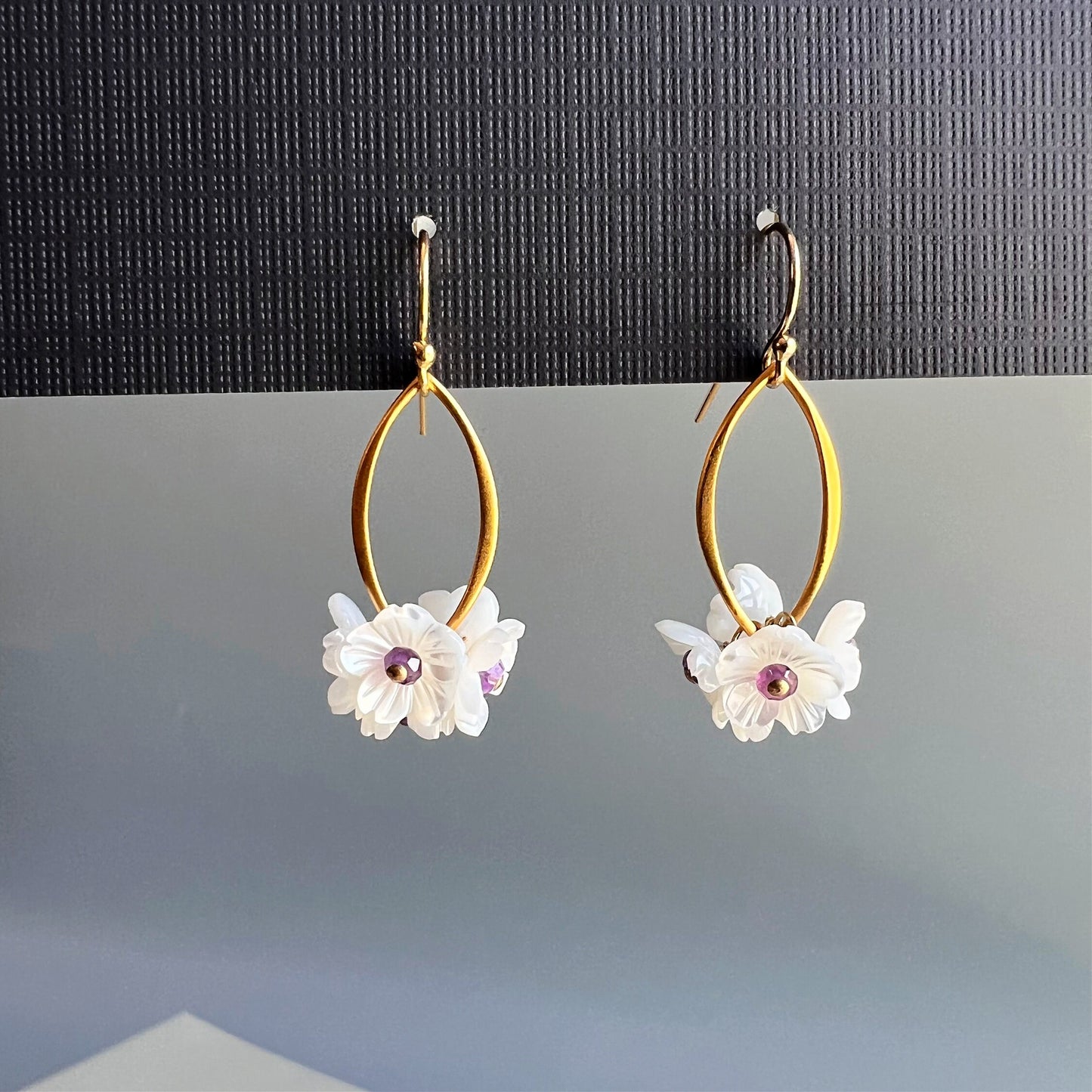 Flower Earrings Mother of Pearl Earrings White Earrings Amethyst Earrings Gold Earrings Dainty Earrings Earrings for Women Gift for Her