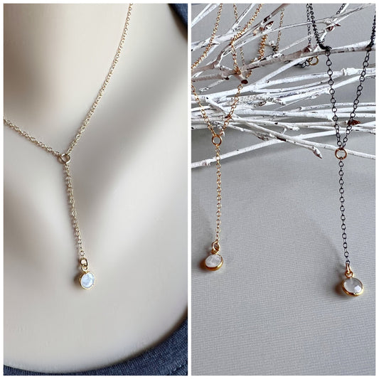 Moonstone Y Necklace,Moonstone Necklace,June Birthstone,Delicate Lariat,Short Y Necklace,Dainty Layering Necklace,Black Chain Necklace