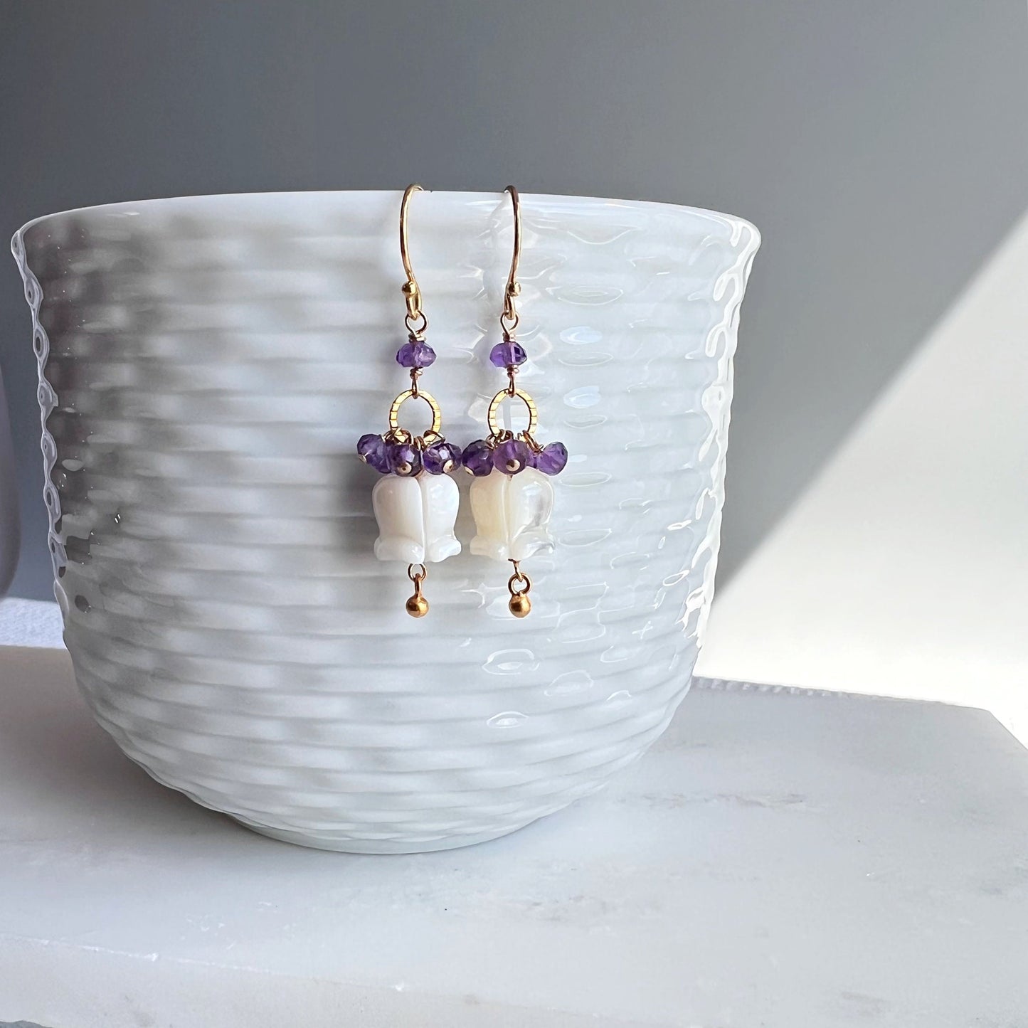 Amethyst Earrings,February Birthstone,Natural Amethyst Earrings,Gemstone Earrings,Flower Earrings,Mother of Pearl Earrings,Purple Earrings