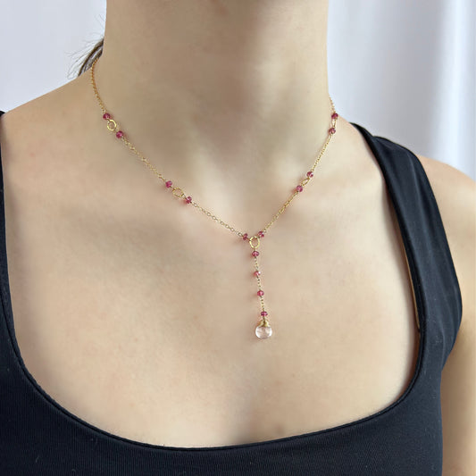 Dainty Pink Necklace,Pink Tourmaline Necklace,Tourmaline Jewelry, Simple Gemstone Lariat,Octomber Birthstone,Mindful Jewelry,Y Necklace