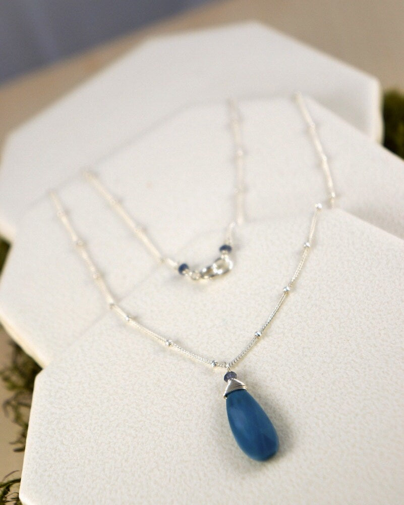 Oregon Blue Opal Pendant Tear Drop Necklace October Birthstone layering Necklace Blue Necklace Plunging Necklace Everyday Necklace