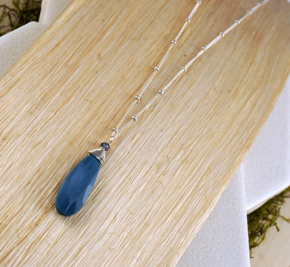 Oregon Blue Opal Pendant Tear Drop Necklace October Birthstone layering Necklace Blue Necklace Plunging Necklace Everyday Necklace